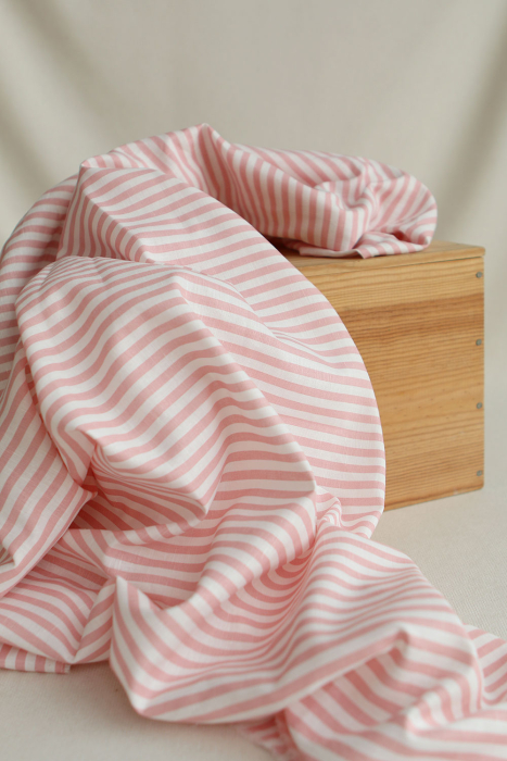 Lucas - Tissu lin coton rayures 6mm blanc lait et rose blush