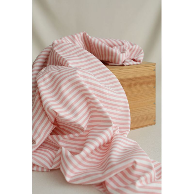 Lucas - Tissu lin coton rayures 6mm blanc lait et rose blush