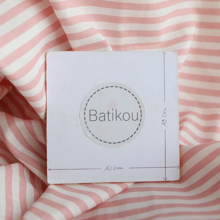 Lucas - Tissu lin coton rayures 6mm blanc lait et rose blush