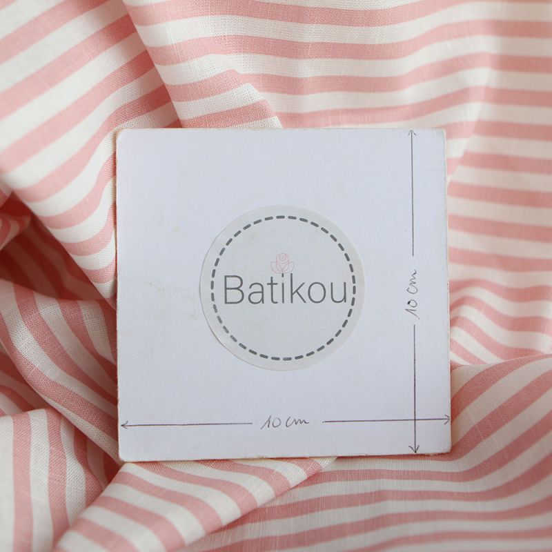 Lucas - Tissu lin coton rayures 6mm blanc lait et rose blush