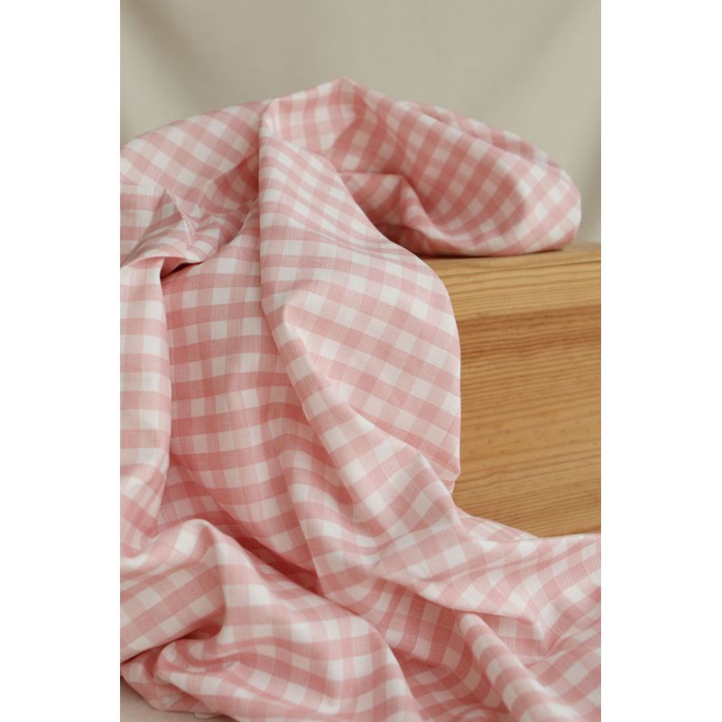 Victor - Tissu lin coton vichy 7mm blanc lait et rose blush