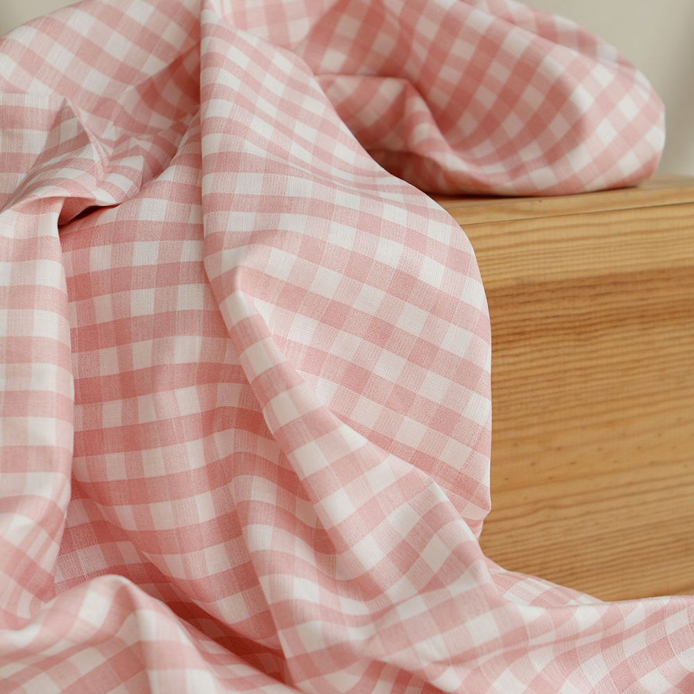 Victor - Tissu lin coton vichy 7mm blanc lait et rose blush