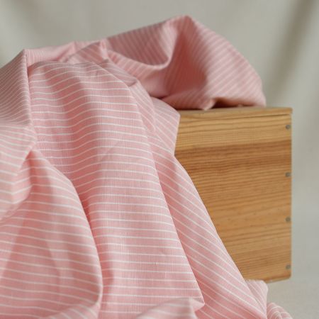 Baptiste - Tissu lin coton rayures 1mm blanc lait et rose blush