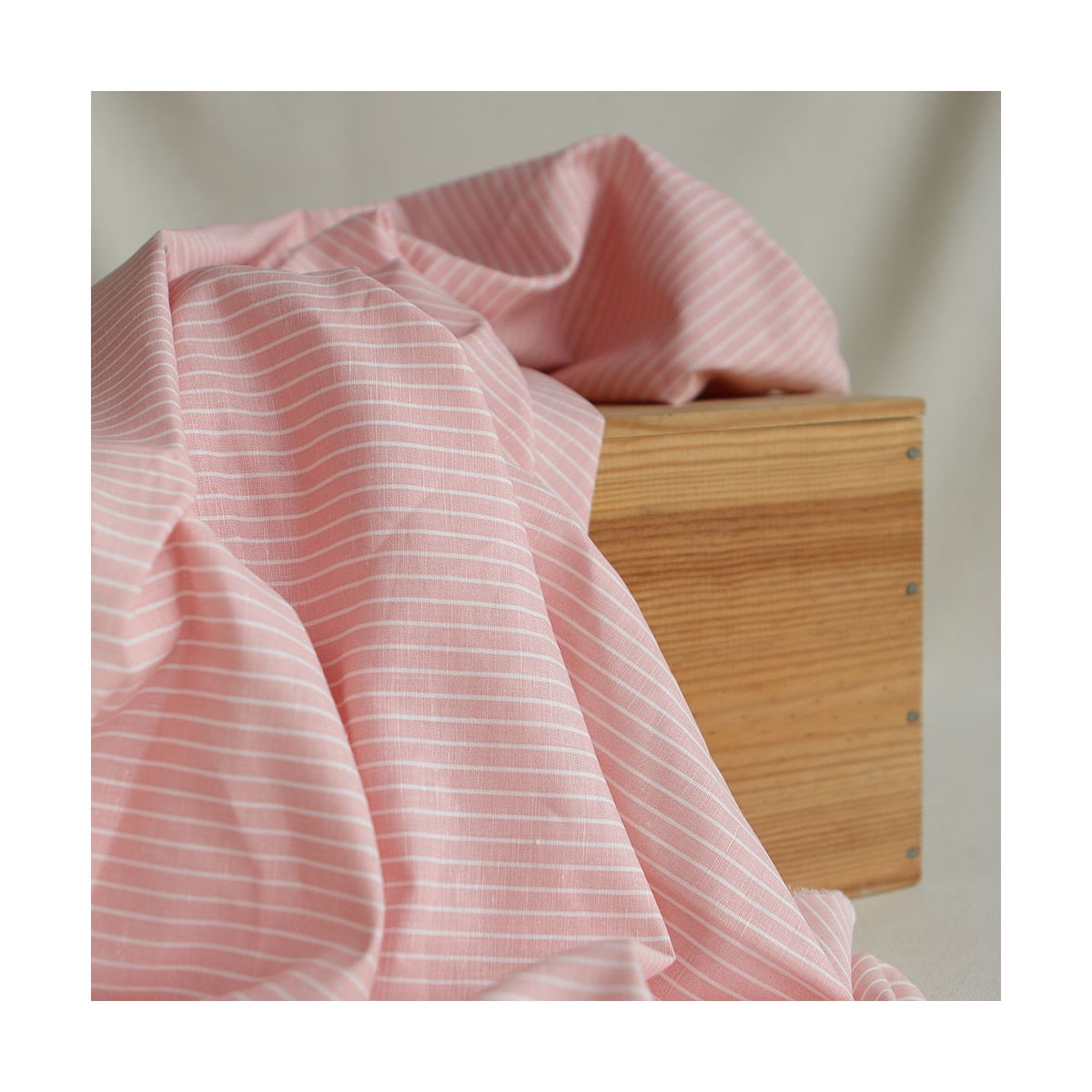 Baptiste - Tissu lin coton rayures 1mm blanc lait et rose blush