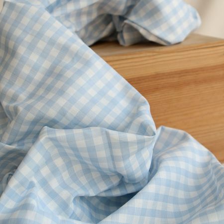 Victor - Tissu lin coton vichy 7mm blanc lait et bleu horizon Victor - Tissu lin coton vichy 7mm blanc lait et bleu horizon