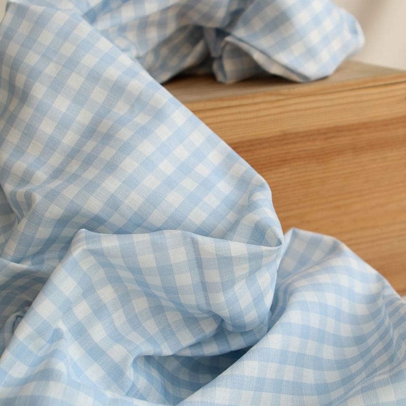 Victor - Tissu lin coton vichy 7mm blanc lait et bleu horizon