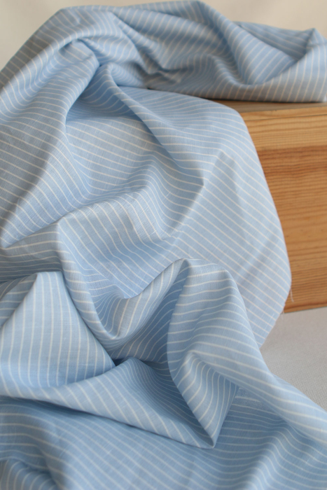 Baptiste - Tissu lin coton rayures 1mm blanc lait et bleu horizon