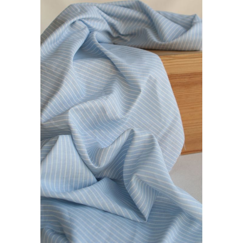 Baptiste - Tissu lin coton rayures 1mm blanc lait et bleu horizon