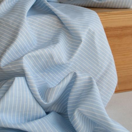 Baptiste - Tissu lin coton rayures 1mm blanc lait et bleu horizon