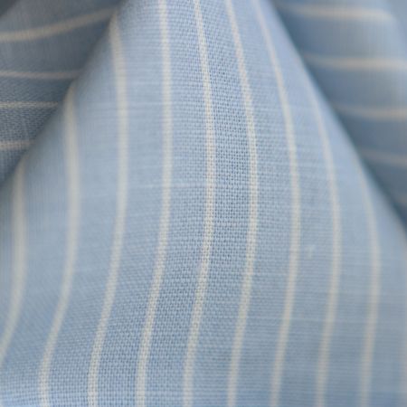Baptiste - Tissu lin coton rayures 1mm blanc lait et bleu horizon