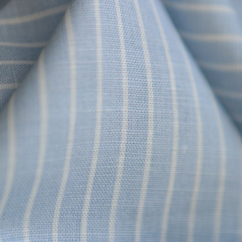 Baptiste - Tissu lin coton rayures 1mm blanc lait et bleu horizon