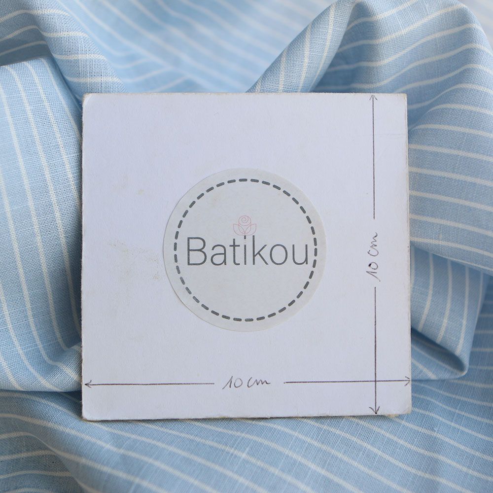 Baptiste - Tissu lin coton rayures 1mm blanc lait et bleu horizon