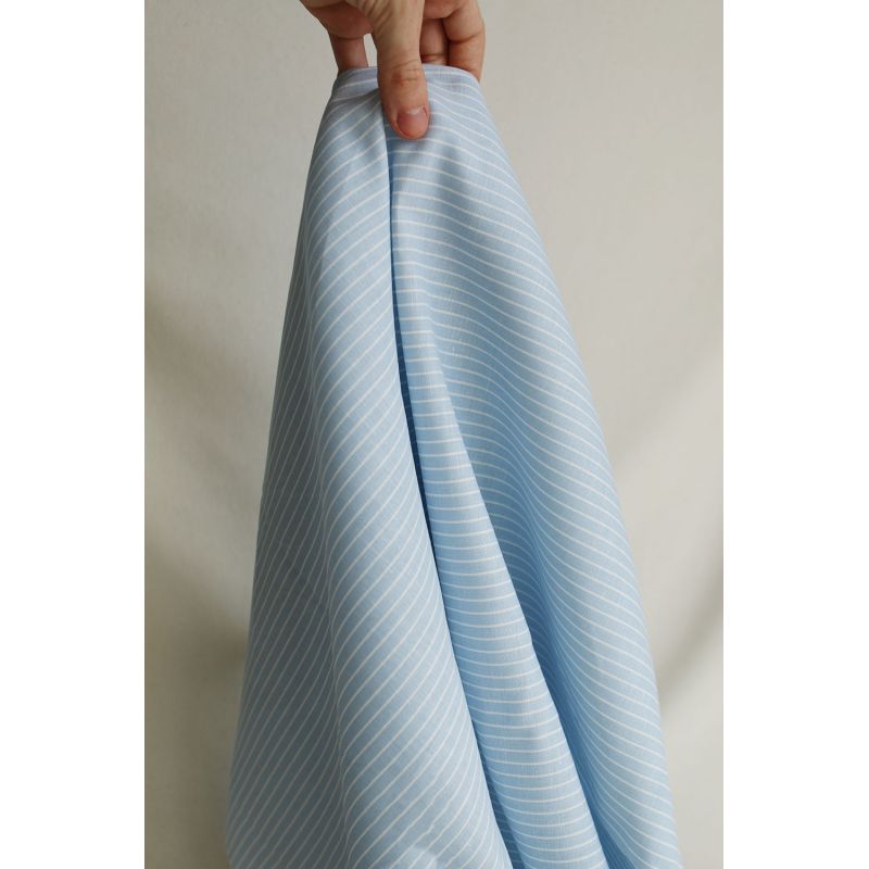 Baptiste - Tissu lin coton rayures 1mm blanc lait et bleu horizon