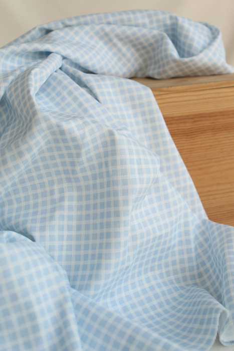 Paul - Tissu lin coton quadrillage 6mm blanc lait et bleu horizon