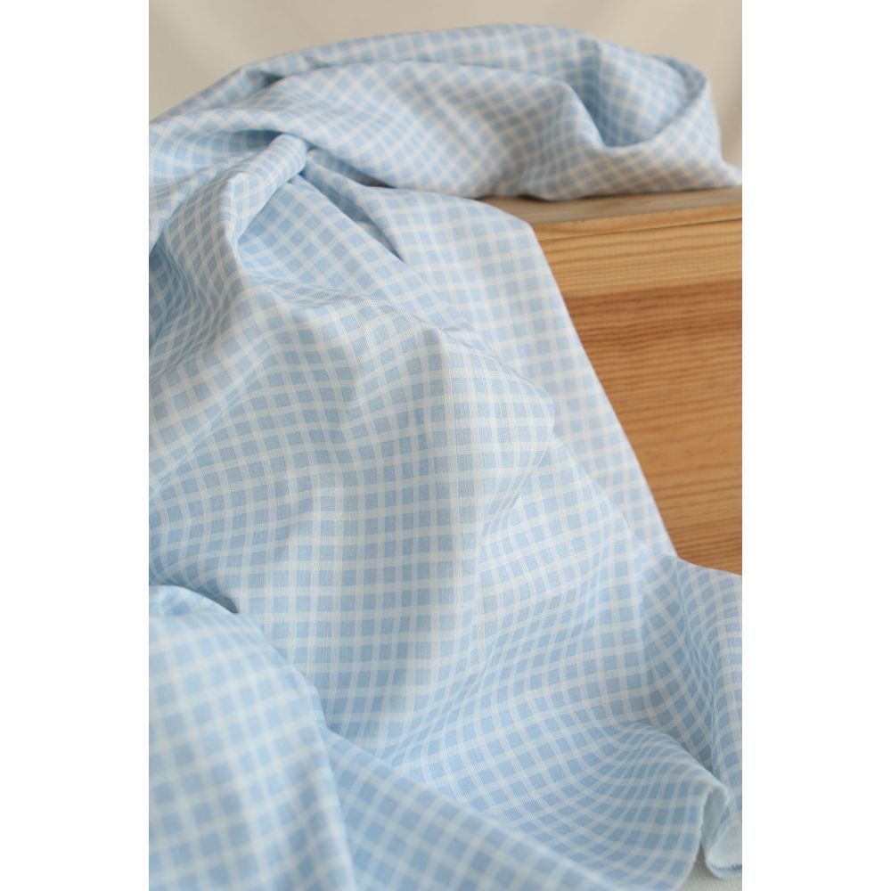 Paul - Tissu lin coton quadrillage 6mm blanc lait et bleu horizon