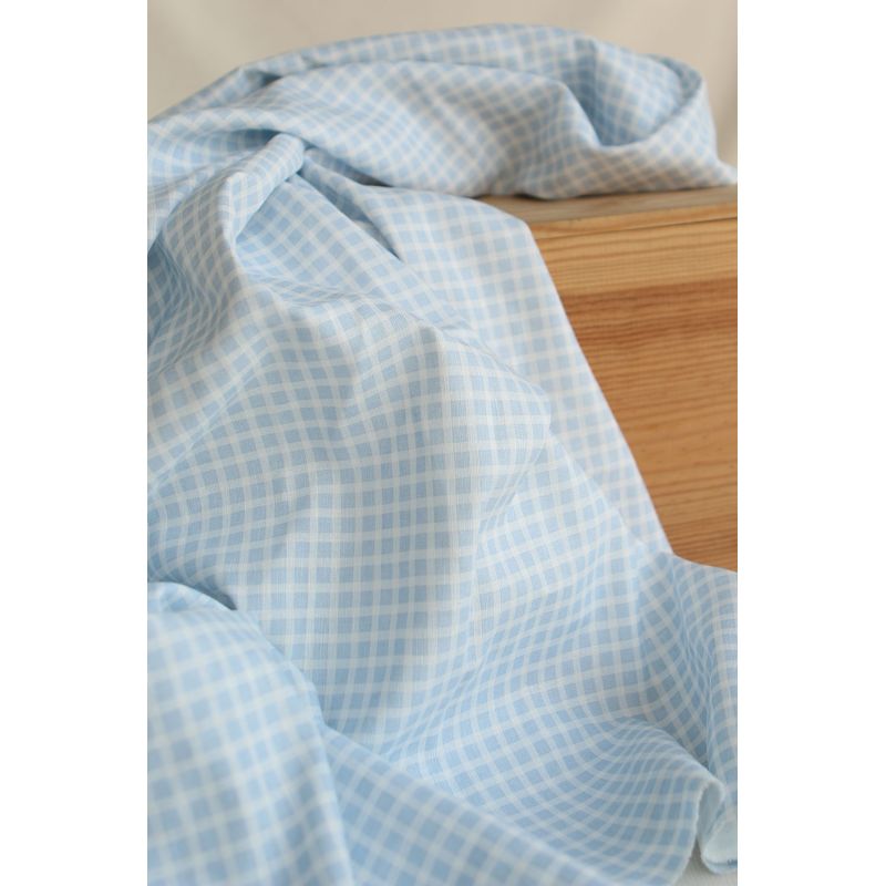 Paul - Tissu lin coton quadrillage 6mm blanc lait et bleu horizon
