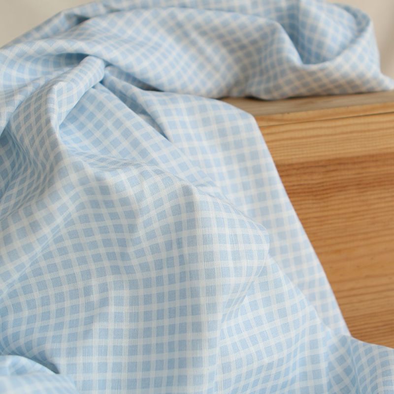 Paul - Tissu lin coton quadrillage 6mm blanc lait et bleu horizon