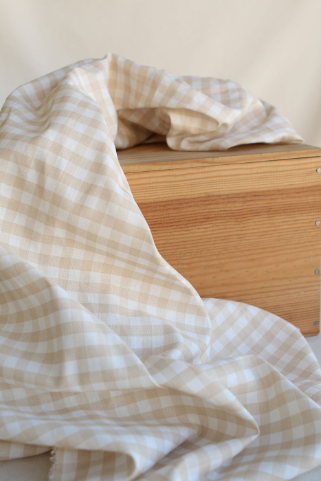 Victor - Tissu lin coton vichy 7mm blanc lait et beige