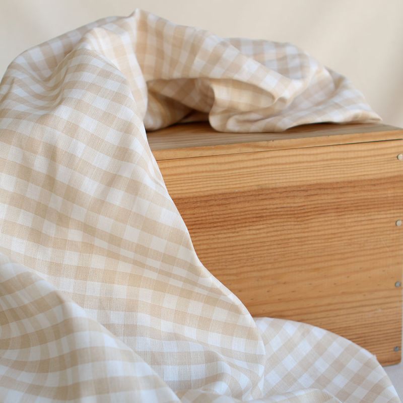 Victor - Tissu lin coton vichy 7mm blanc lait et beige