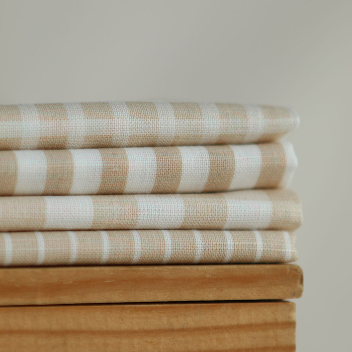 Baptiste - Tissu lin coton rayures 1mm blanc lait et beige