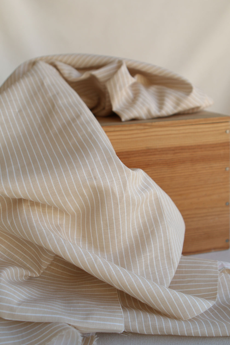 Baptiste - Tissu lin coton rayures 1mm blanc lait et beige