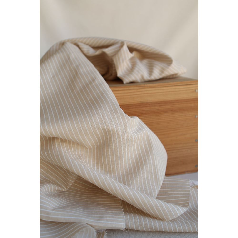 Baptiste - Tissu lin coton rayures 1mm blanc lait et beige