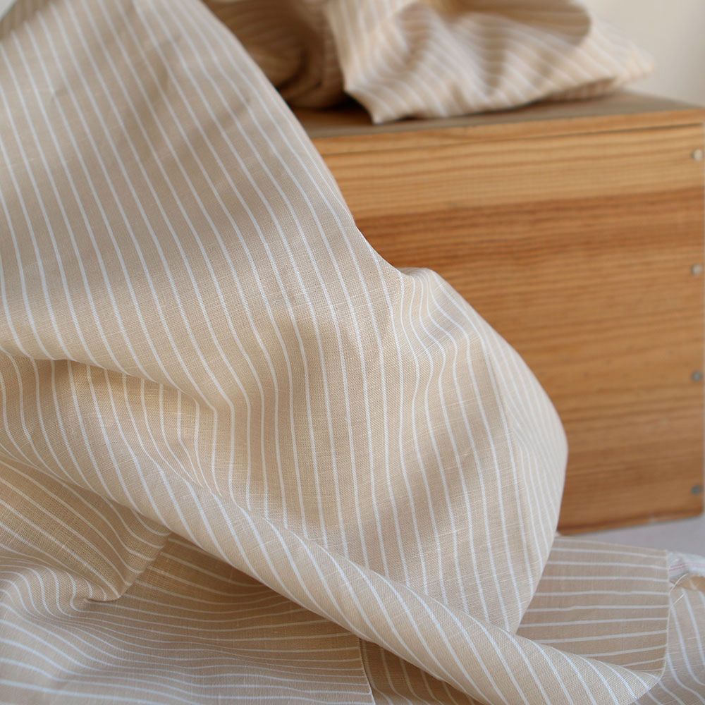Baptiste - Tissu lin coton rayures 1mm blanc lait et beige