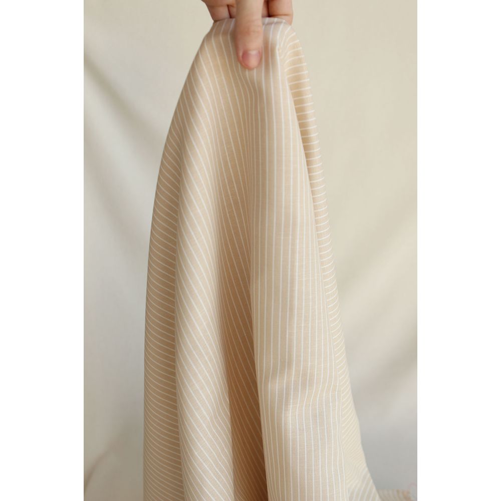 Baptiste - Tissu lin coton rayures 1mm blanc lait et beige