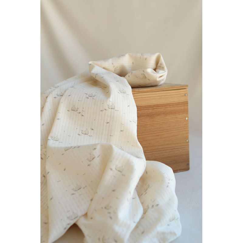 Moby - Seersucker / Coton gaufré doux écru motif marin baleine