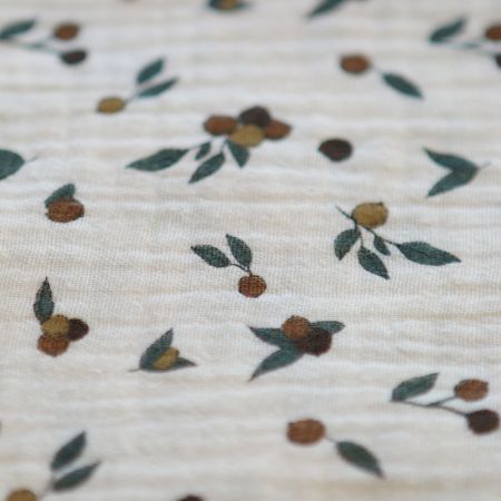 Hind - Double gaze de coton BIO écru motif exclusif baies coloris forêt