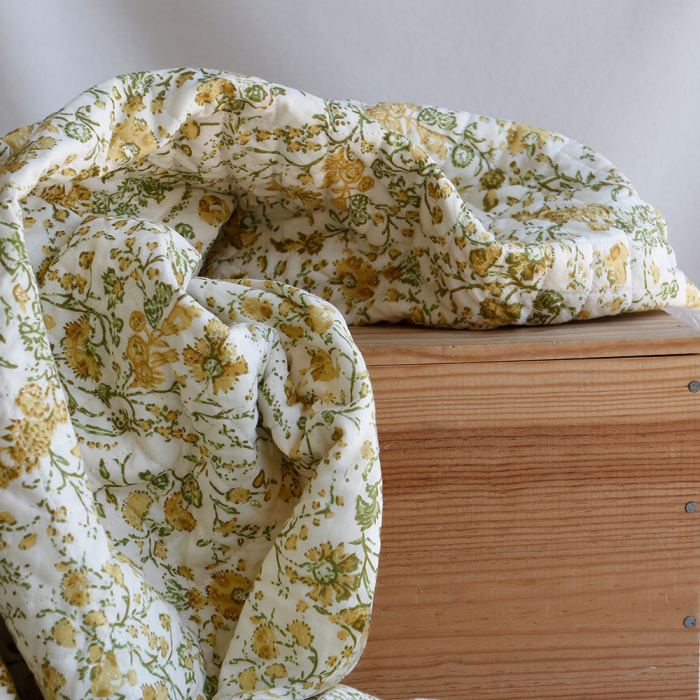 Karishma jaune - Tissu indien matelassé double face coton hand block largeur 100cm