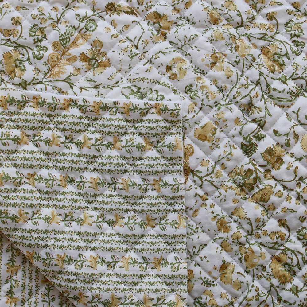 Karishma jaune - Tissu indien matelassé double face coton hand block largeur 100cm