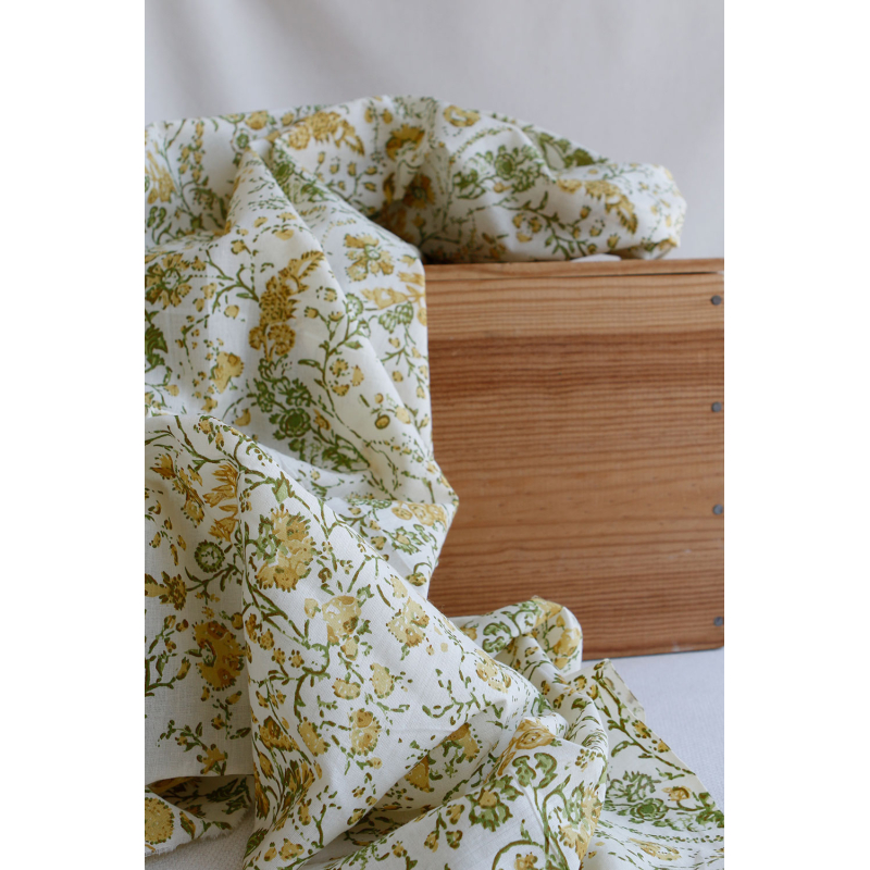 Karishma jaune - Tissu indien en coton imprimé main Hand Block Artisanal