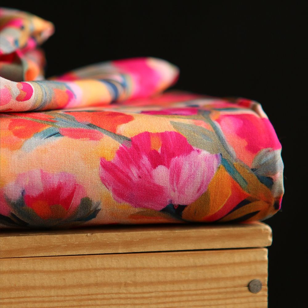 Fabiola - Viscose Ecovero imprimé fleuri orange / fuschia