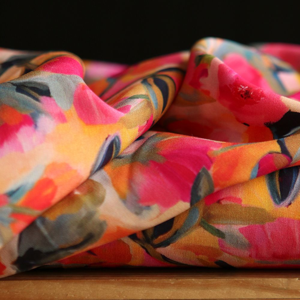 Fabiola - Viscose Ecovero imprimé fleuri orange / fuschia
