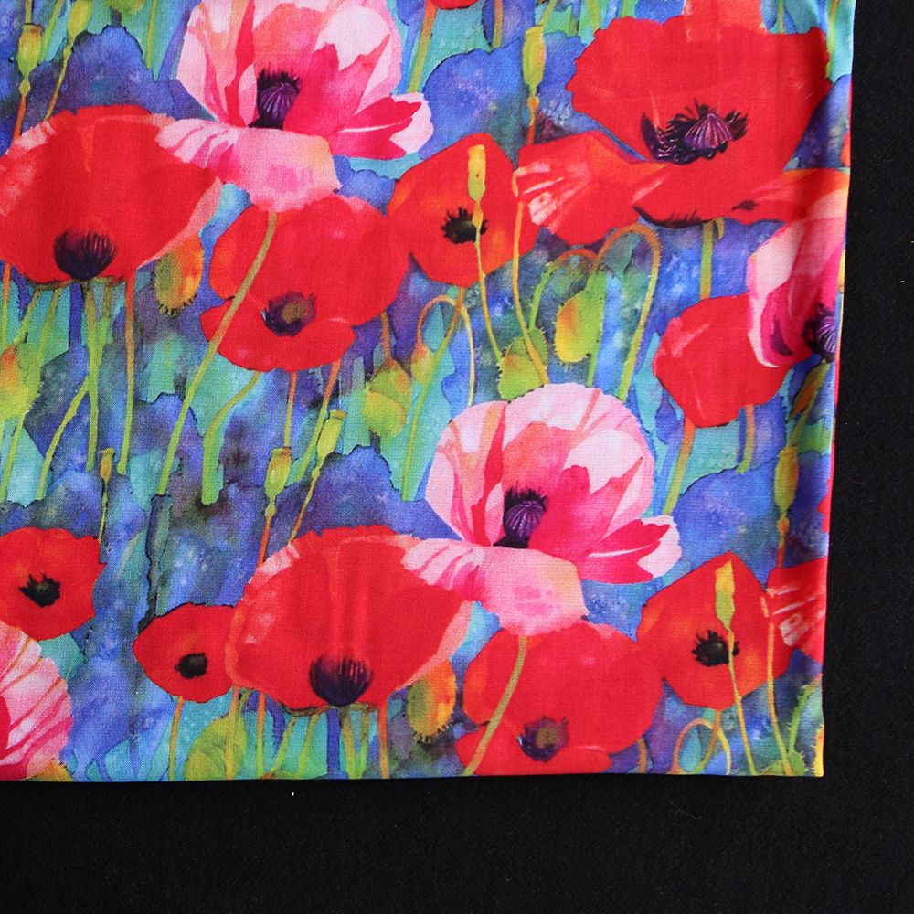 Poppies - Viscose Ecovero imprimé fleuri bleu