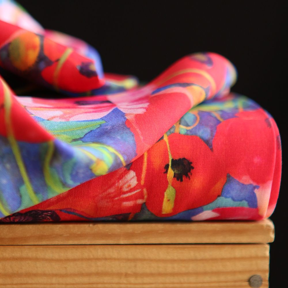 Poppies - Viscose Ecovero imprimé fleuri bleu