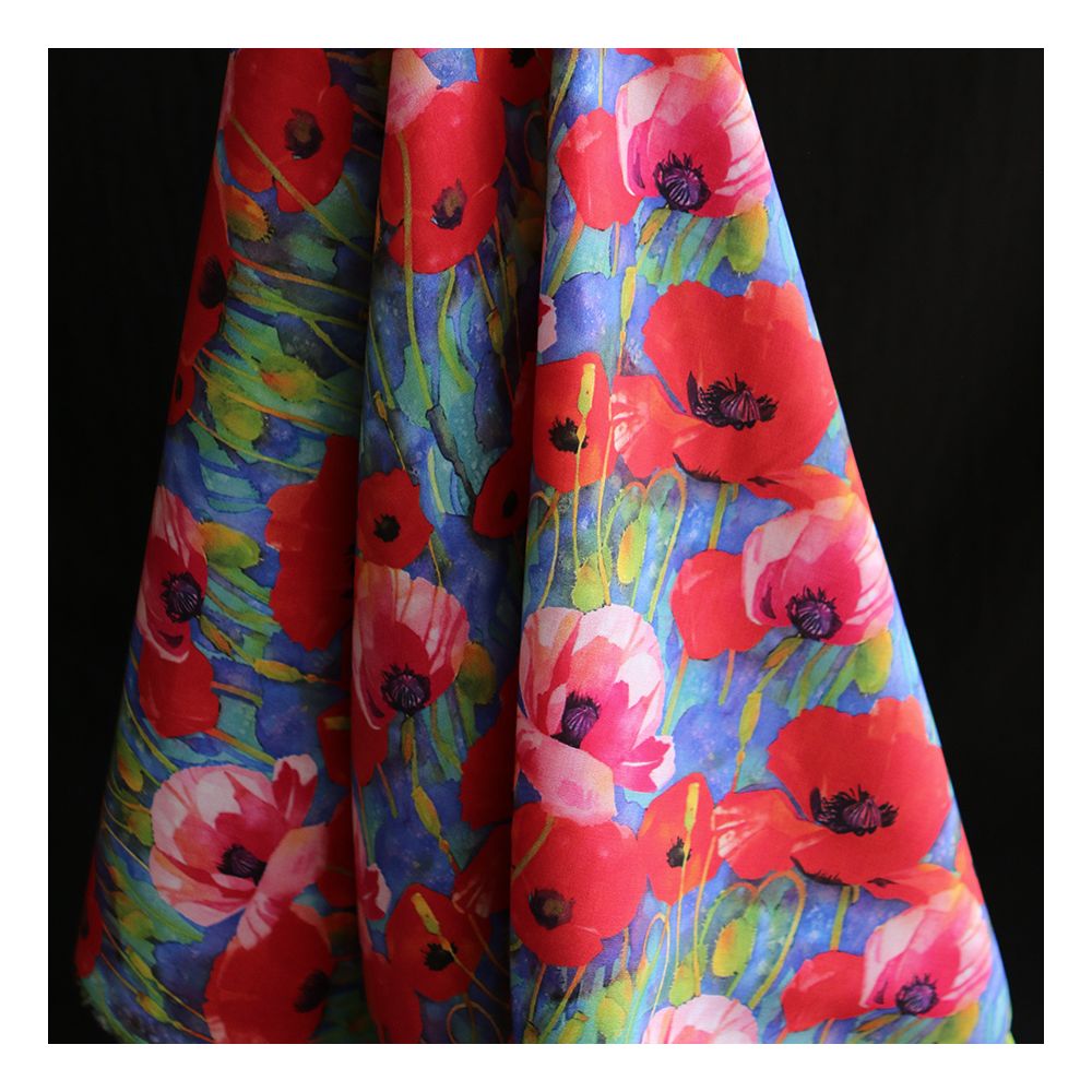 Poppies - Viscose Ecovero imprimé fleuri bleu