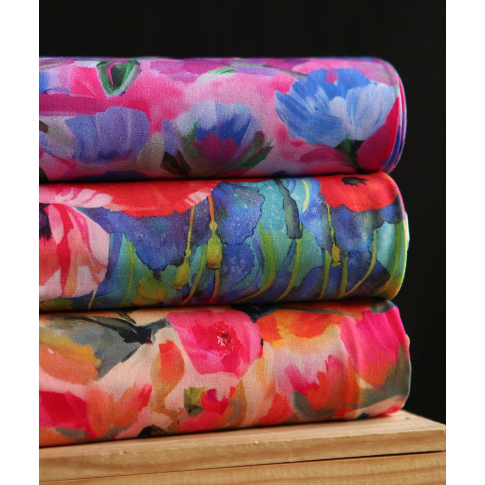 Poppies - Viscose Ecovero imprimé fleuri bleu