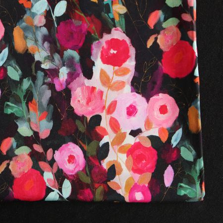 Lucia - Viscose satinée imprimé fleuri noir et fuschia Lucia - Viscose satinée imprimé fleuri noir et fuschia