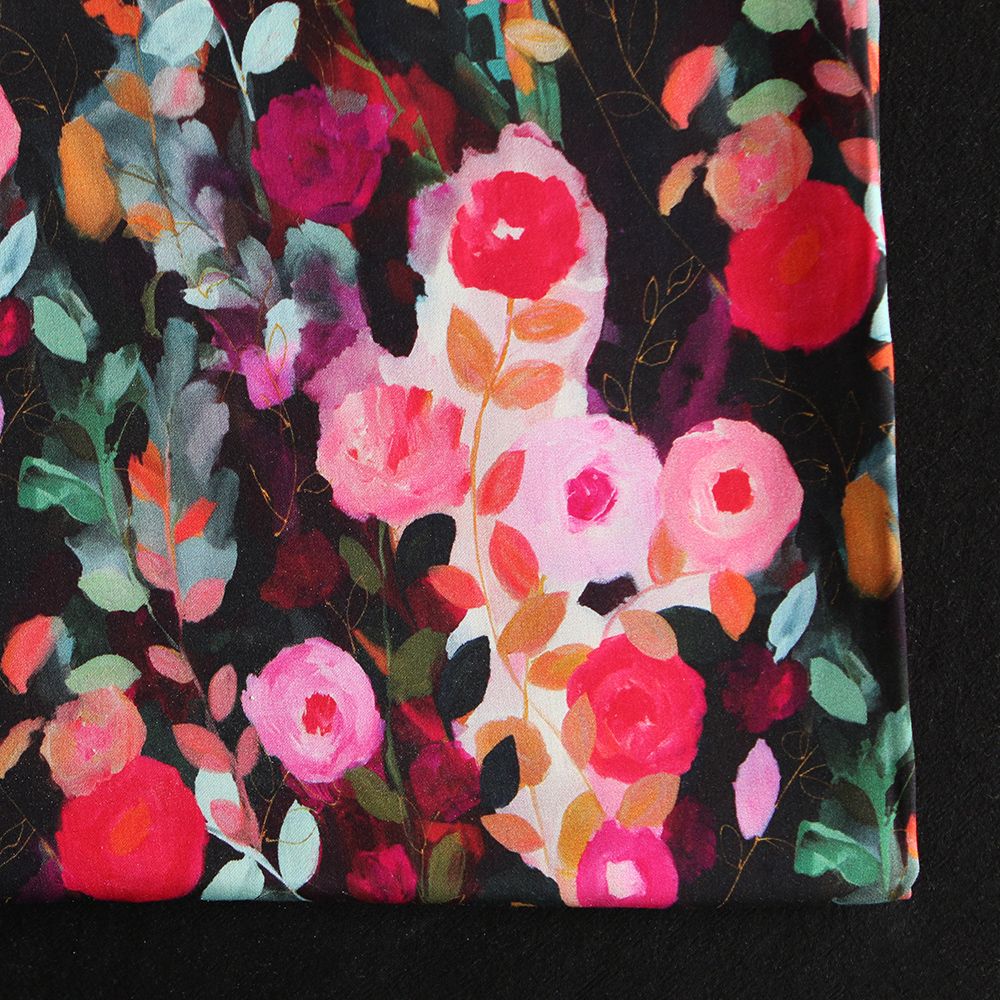 Lucia - Viscose satinée imprimé fleuri noir et fuschia