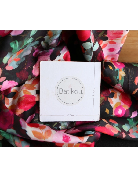 Lucia - Viscose satinée imprimé fleuri noir et fuschia