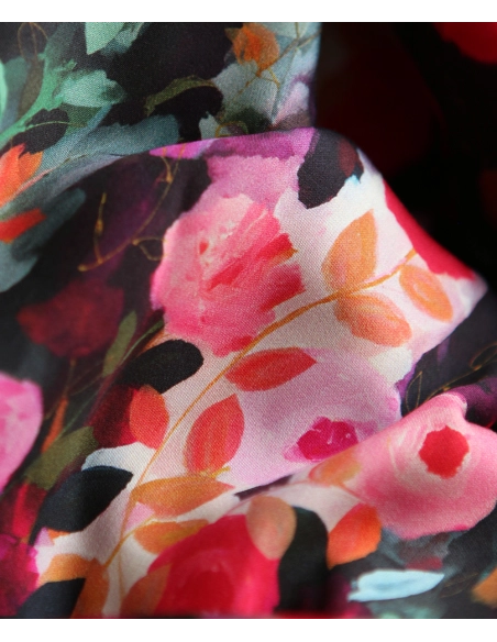 Lucia - Viscose satinée imprimé fleuri noir et fuschia