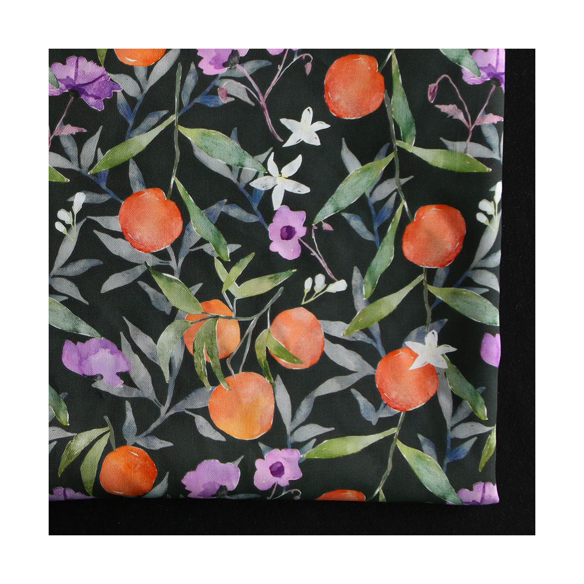 Neroli - Viscose satinée imprimé fleuri anthracite et orange Neroli - Viscose satinée imprimé fleuri anthracite et orange