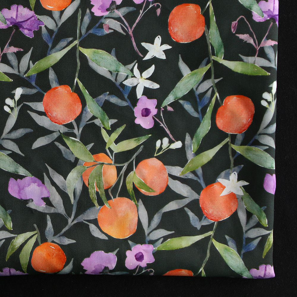 Neroli - Viscose satinée imprimé fleuri anthracite et orange