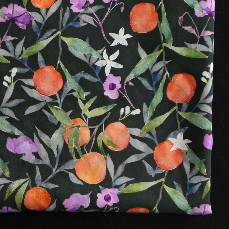 Neroli - Viscose satinée imprimé fleuri anthracite et orange
