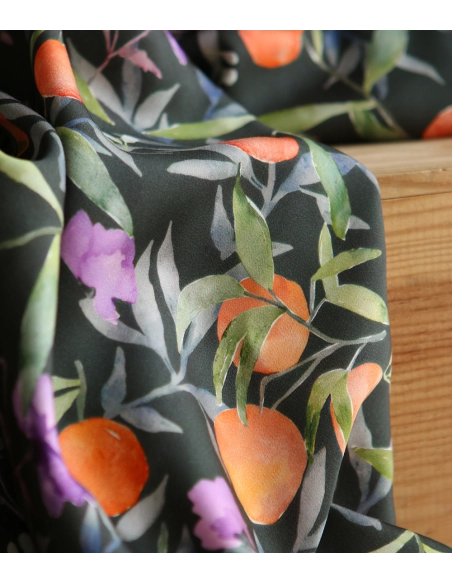 Neroli - Viscose satinée imprimé fleuri anthracite et orange