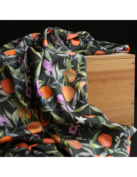 Neroli - Viscose satinée imprimé fleuri anthracite et orange