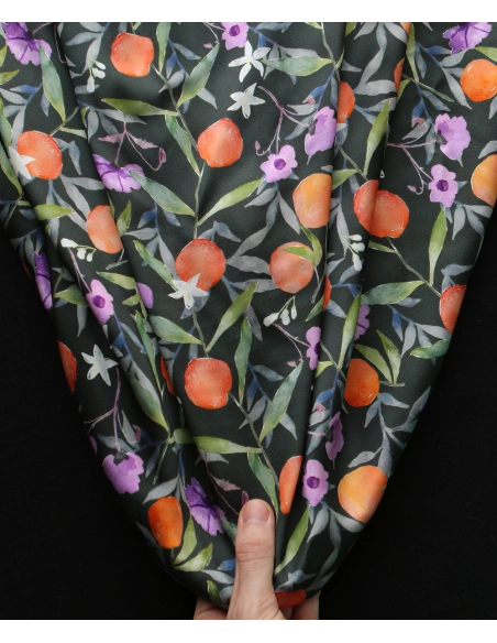 Neroli - Viscose satinée imprimé fleuri anthracite et orange