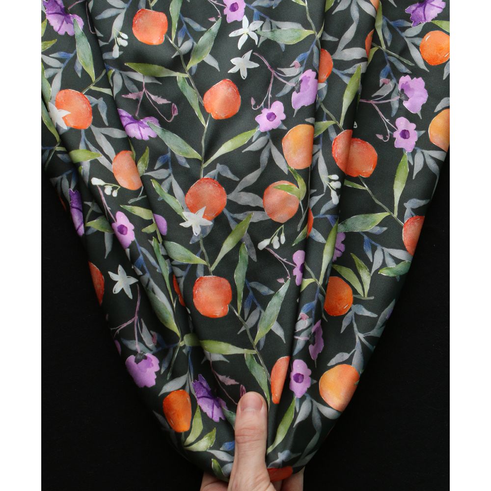 Neroli - Viscose satinée imprimé fleuri anthracite et orange